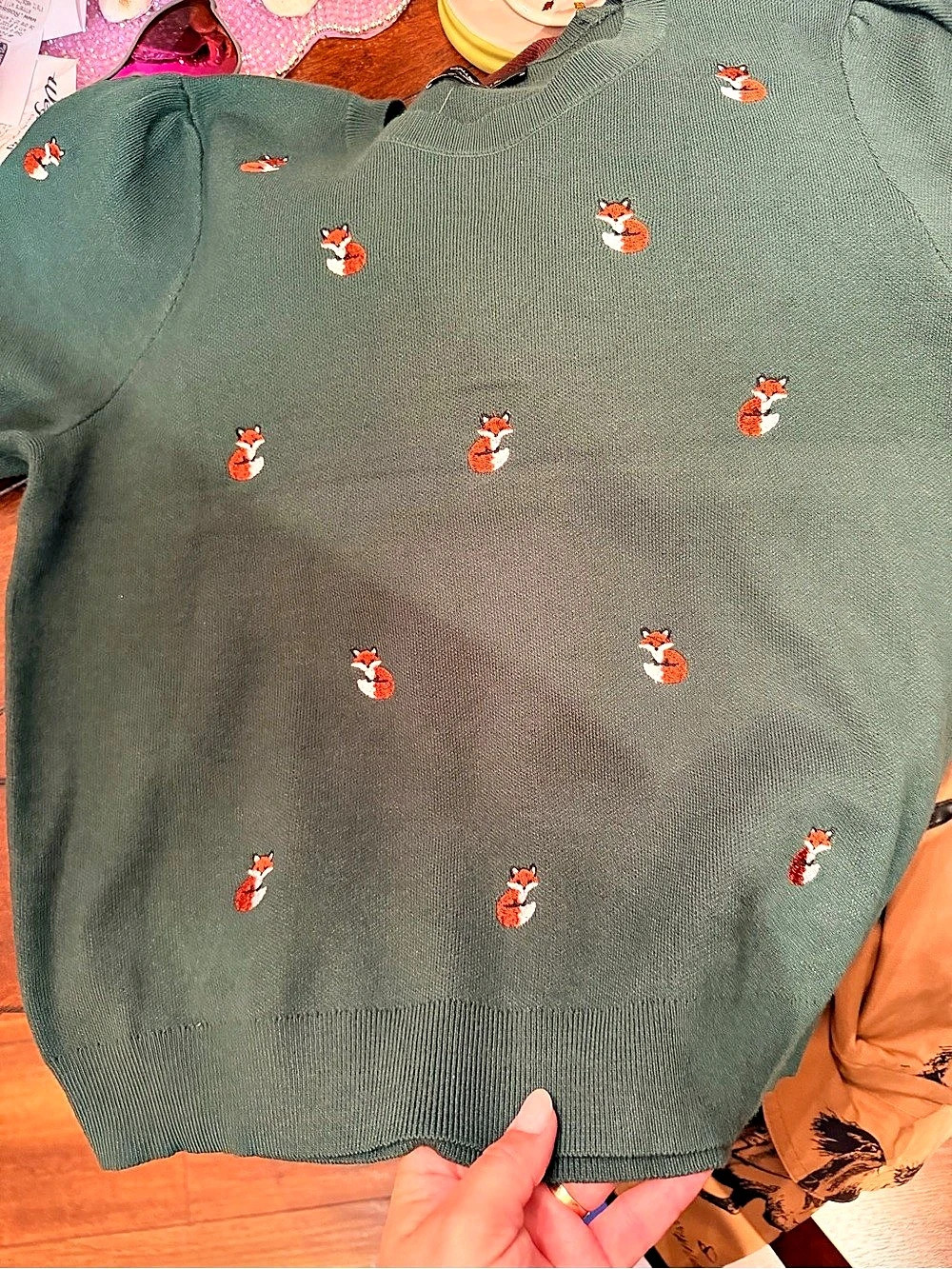Calligraphie Green Fox-Embroidered Short Sleeve Knit Top Green Large